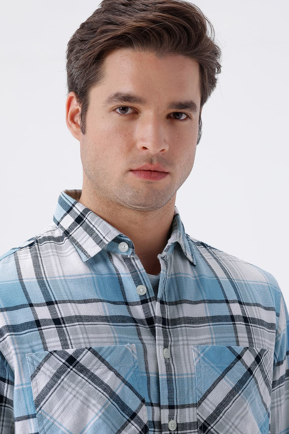 BASICS RELAXED FIT BLUE COTTON HOPSACK CHECKS OVERSHIRT