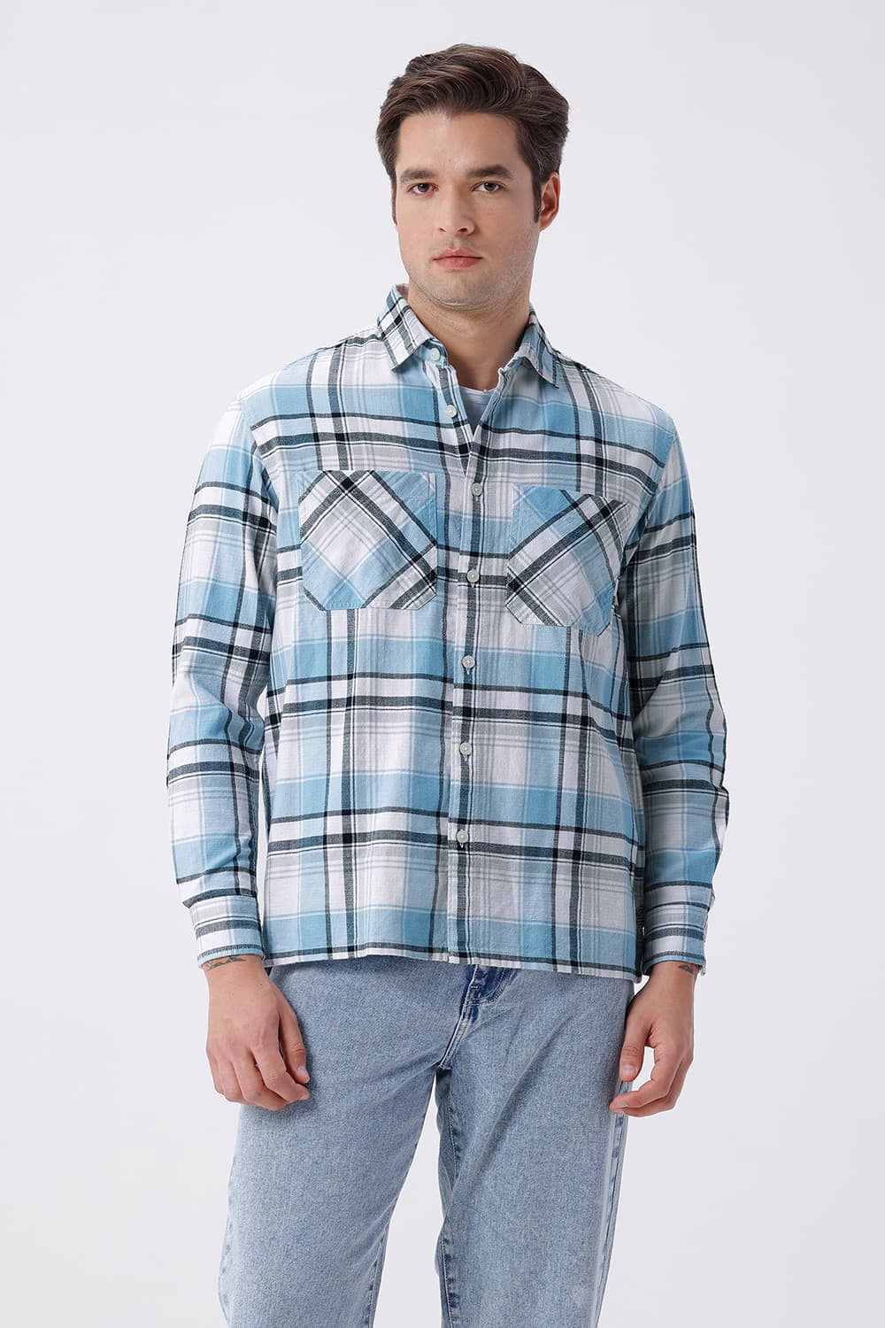 BASICS RELAXED FIT BLUE COTTON HOPSACK CHECKS OVERSHIRT