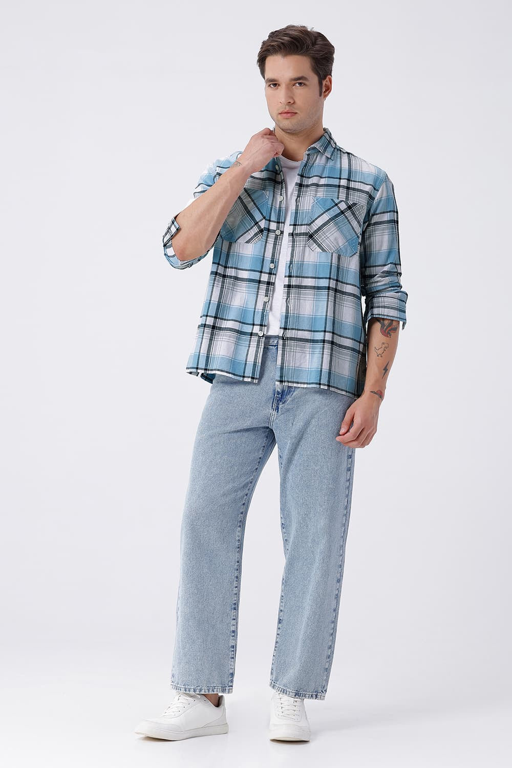 BASICS RELAXED FIT BLUE COTTON HOPSACK CHECKS OVERSHIRT