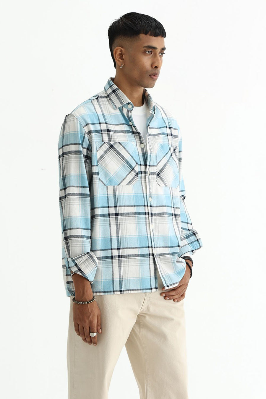 BASICS RELAXED FIT BLUE COTTON HOPSACK CHECKS OVERSHIRT
