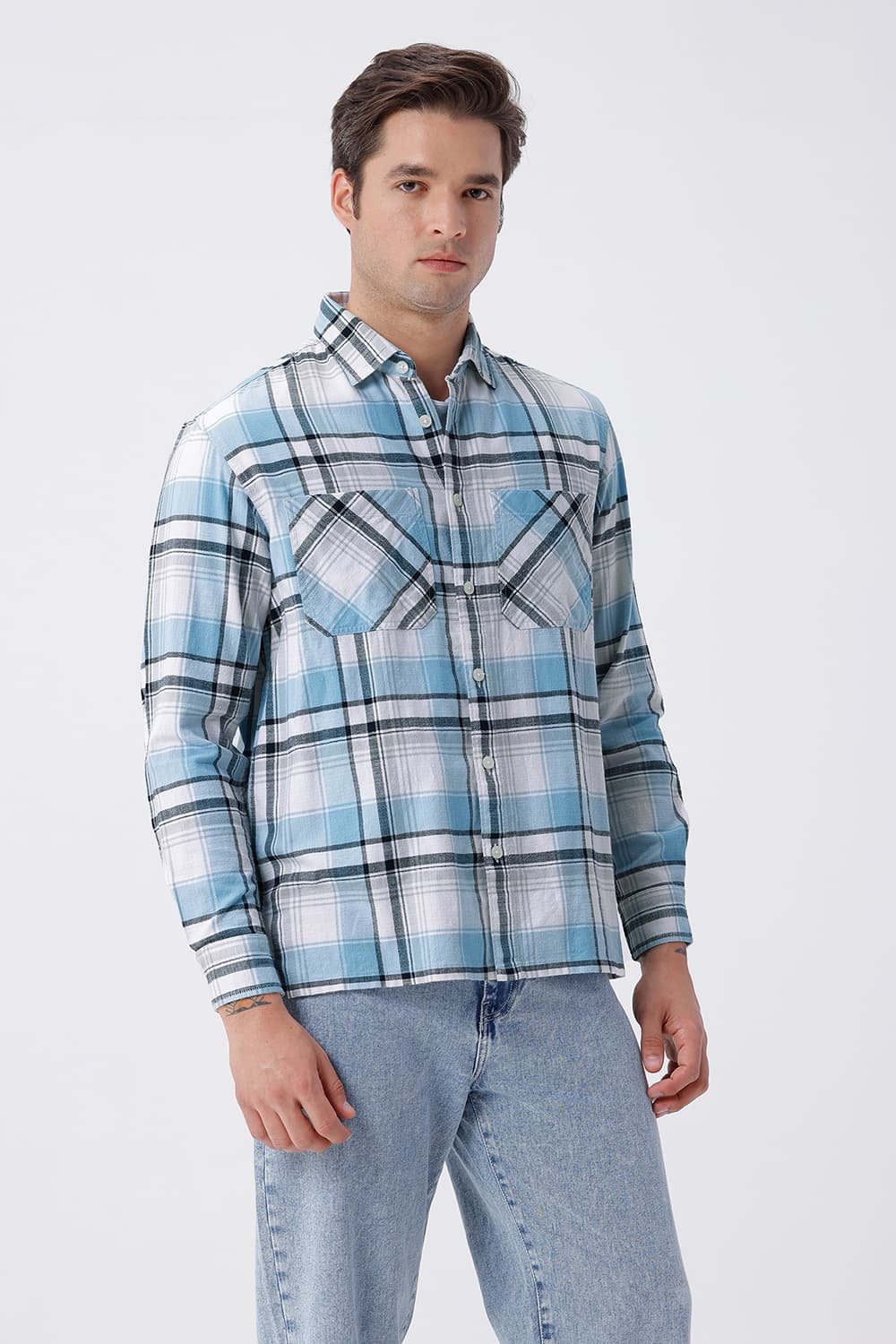BASICS RELAXED FIT BLUE COTTON HOPSACK CHECKS OVERSHIRT