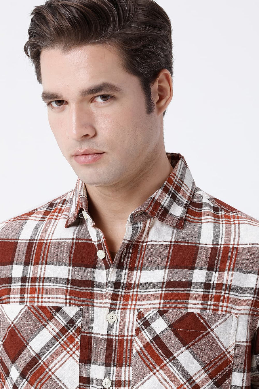 BASICS RELAXED FIT BEIGE COTTON HOPSACK CHECKS OVERSHIRT