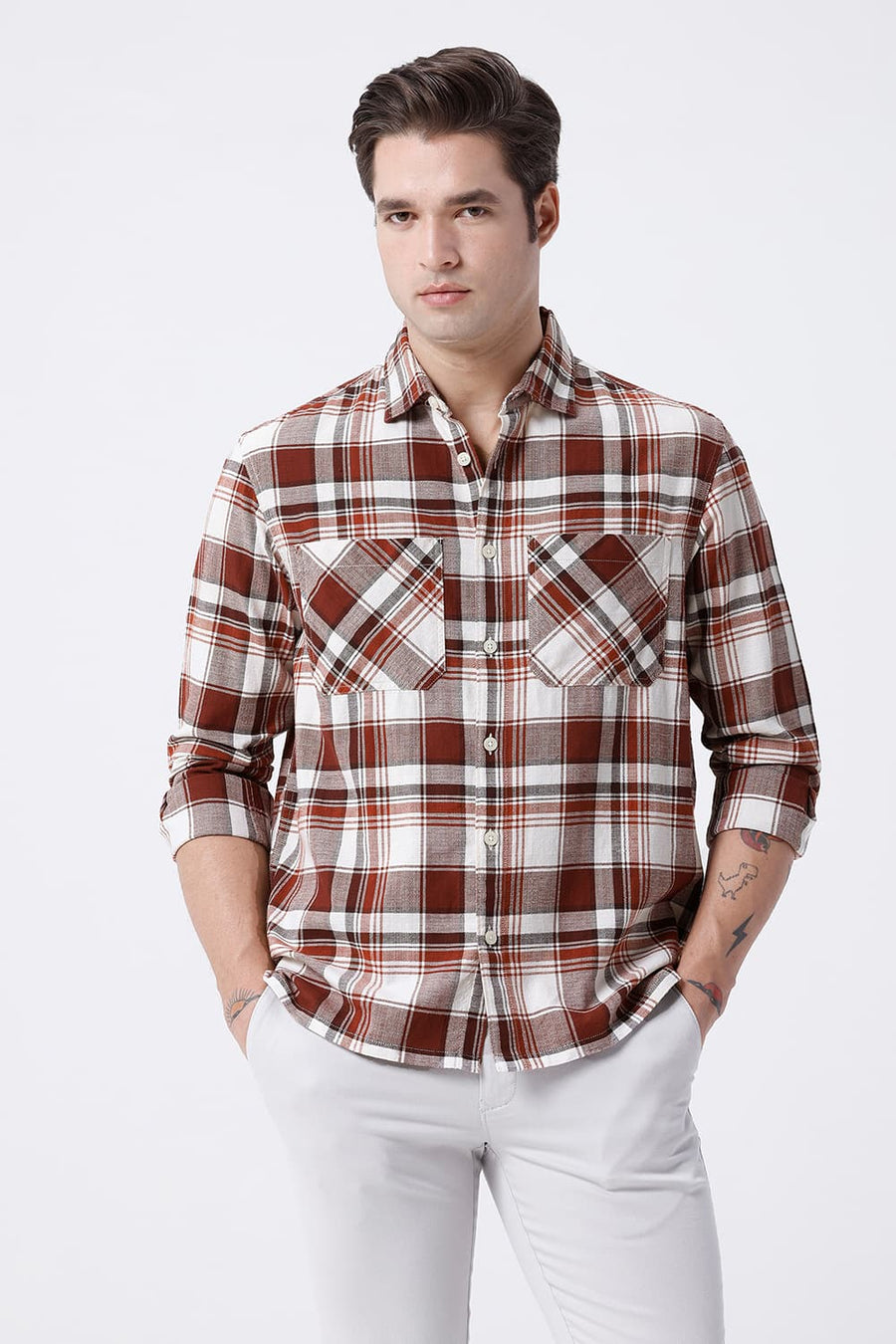 BASICS RELAXED FIT BEIGE COTTON HOPSACK CHECKS OVERSHIRT