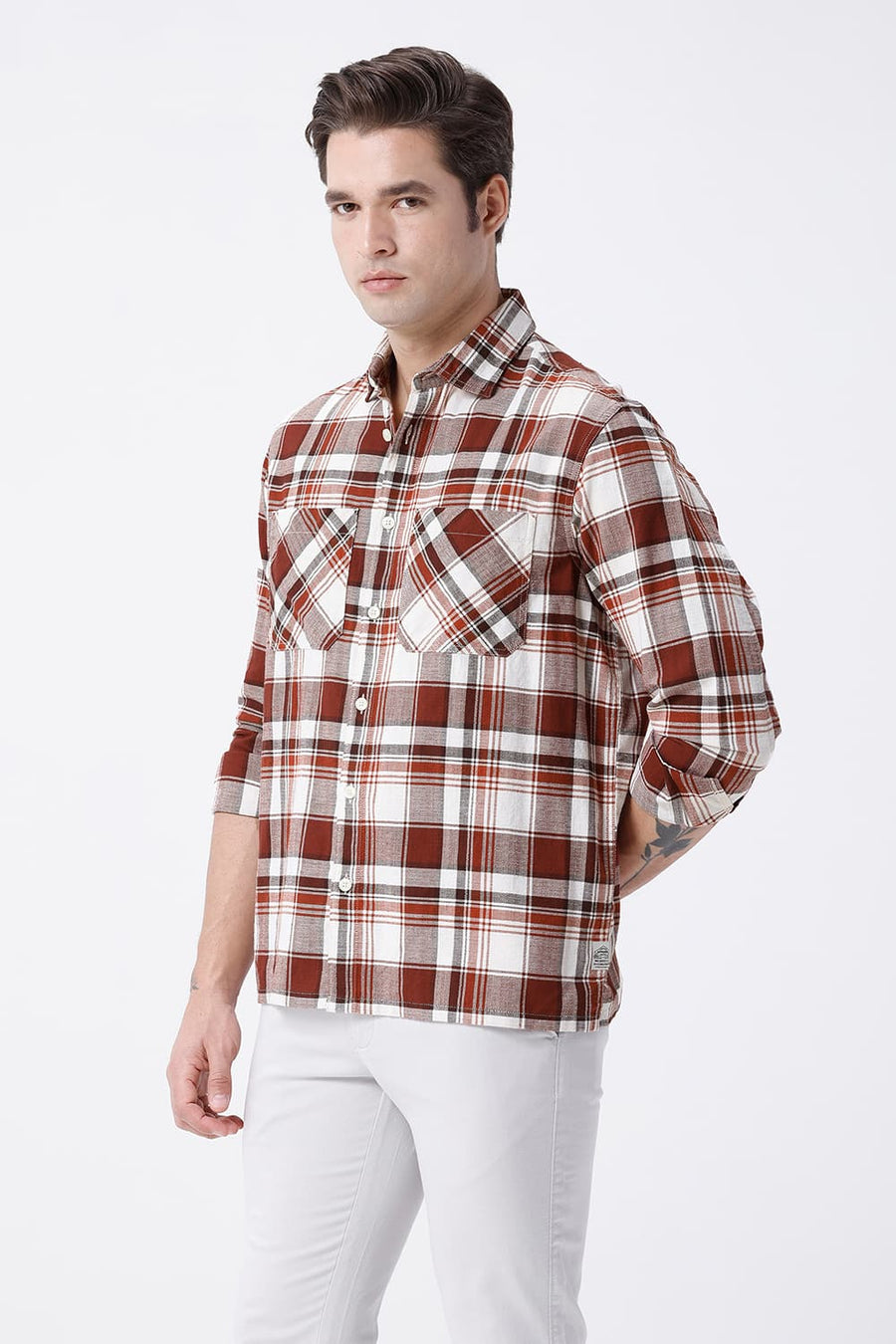 BASICS RELAXED FIT BEIGE COTTON HOPSACK CHECKS OVERSHIRT