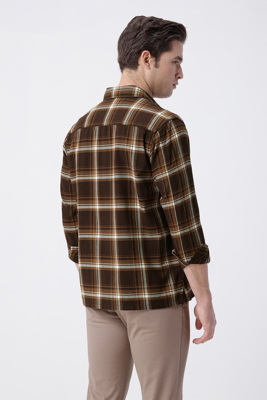 BASICS RELAXED FIT ROCKY BROWN COTTON HOPSACK CHECKS OVERSHIRT