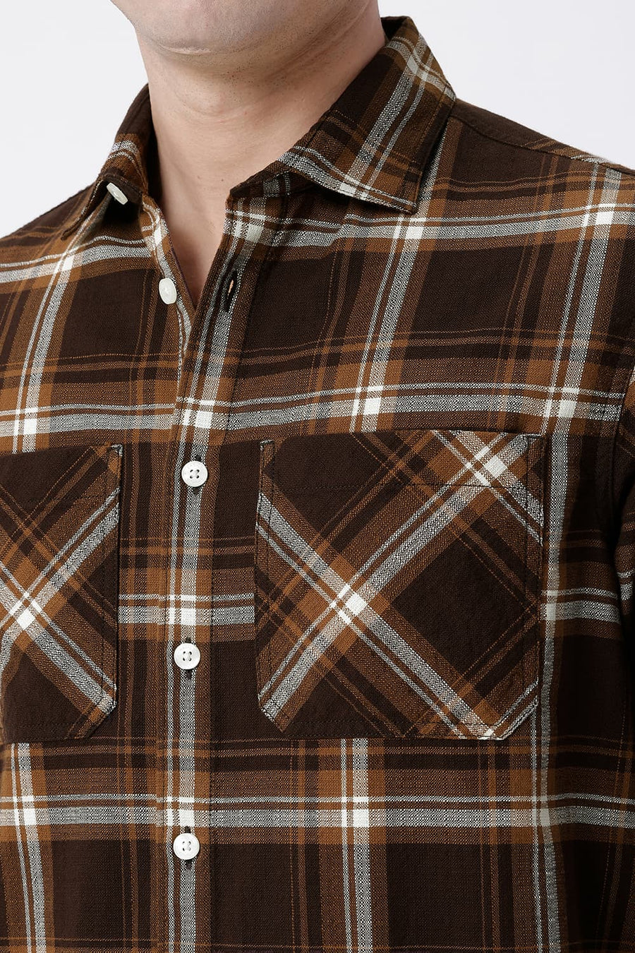 BASICS RELAXED FIT ROCKY BROWN COTTON HOPSACK CHECKS OVERSHIRT
