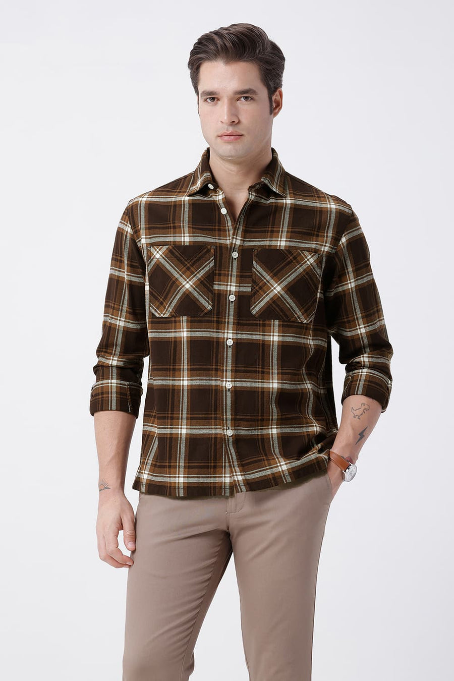 BASICS RELAXED FIT ROCKY BROWN COTTON HOPSACK CHECKS OVERSHIRT