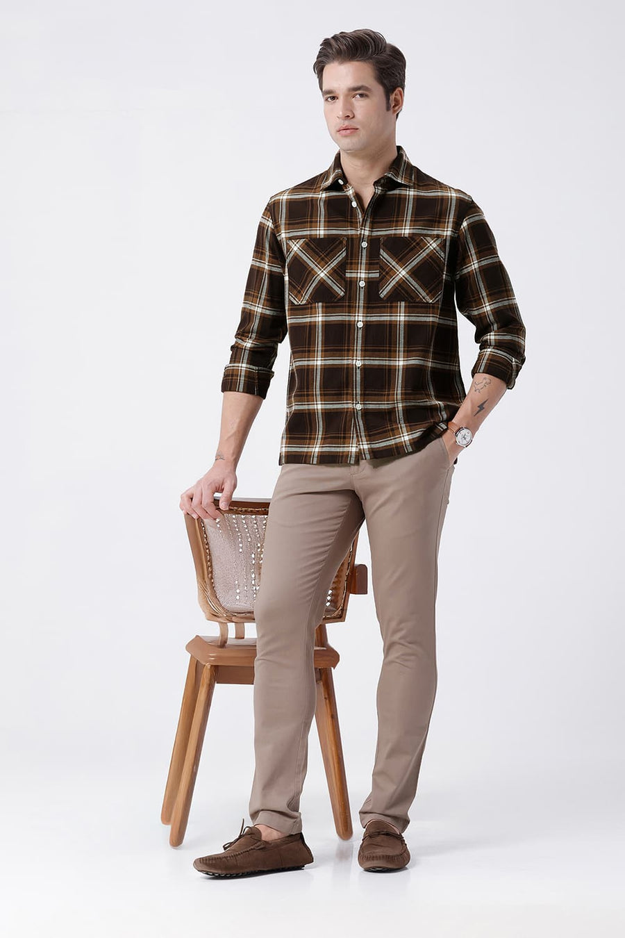 BASICS RELAXED FIT ROCKY BROWN COTTON HOPSACK CHECKS OVERSHIRT