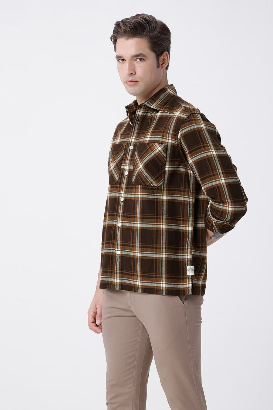 BASICS RELAXED FIT ROCKY BROWN COTTON HOPSACK CHECKS OVERSHIRT