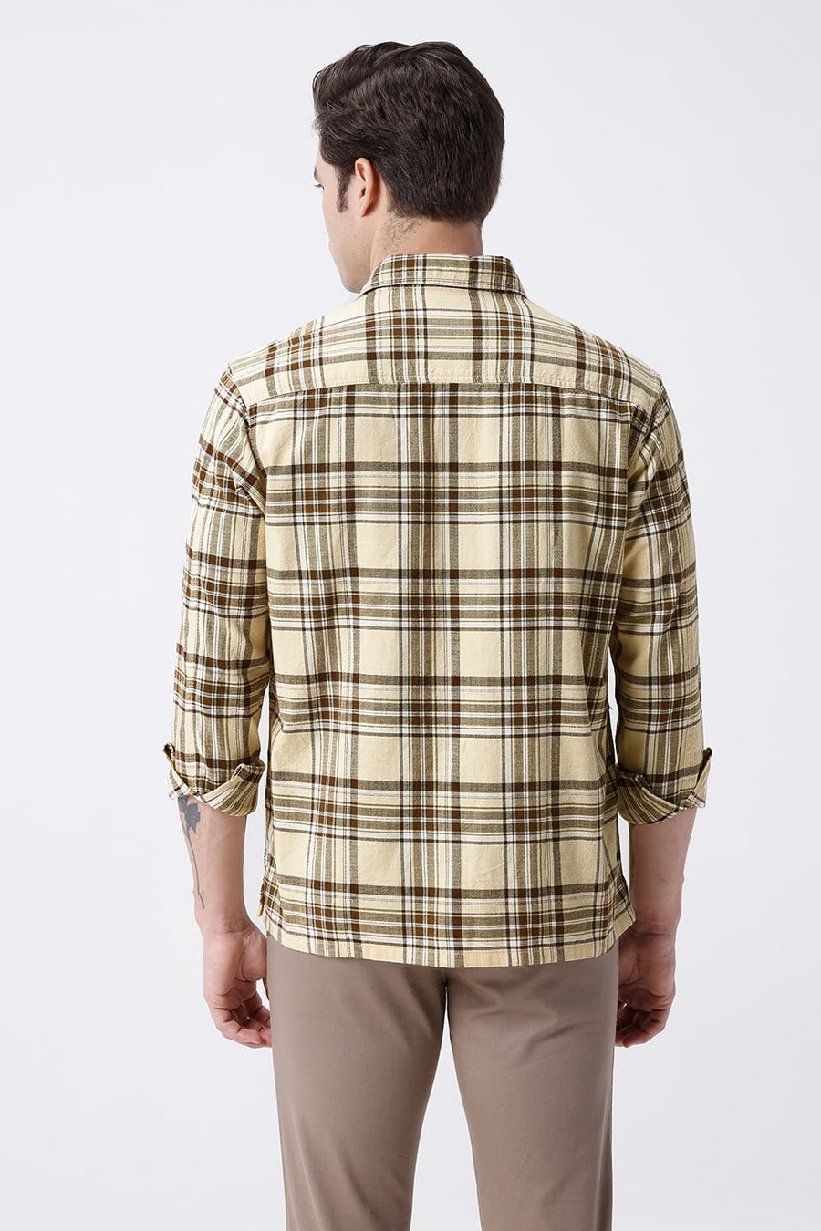 BASICS RELAXED FIT BEIGE COTTON HOPSACK CHECKS OVERSHIRT
