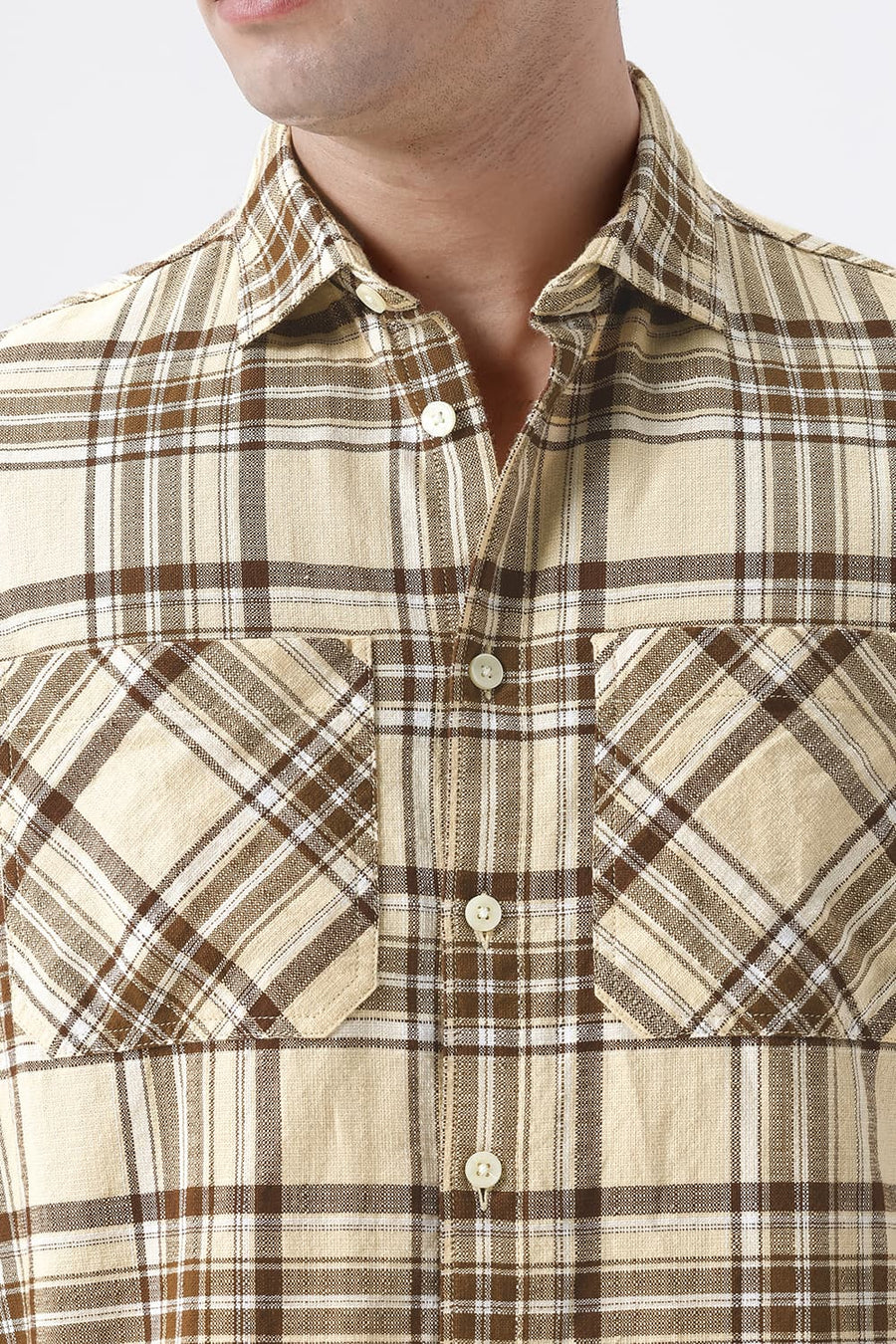 BASICS RELAXED FIT BEIGE COTTON HOPSACK CHECKS OVERSHIRT