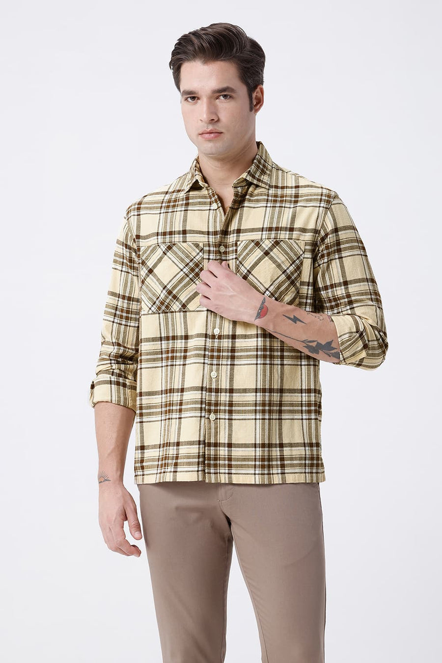 BASICS RELAXED FIT BEIGE COTTON HOPSACK CHECKS OVERSHIRT