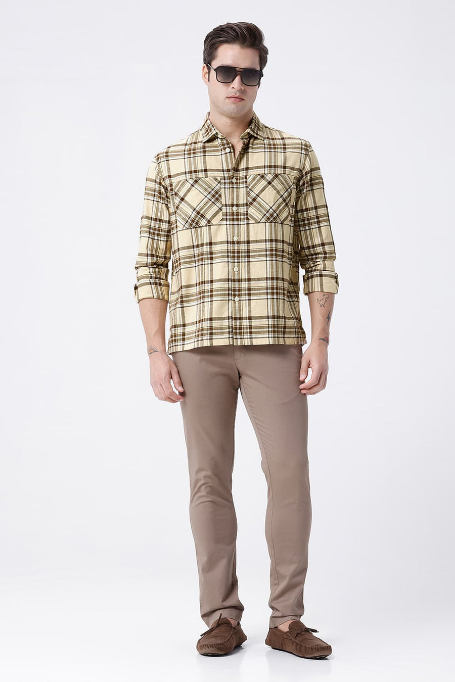 BASICS RELAXED FIT BEIGE COTTON HOPSACK CHECKS OVERSHIRT