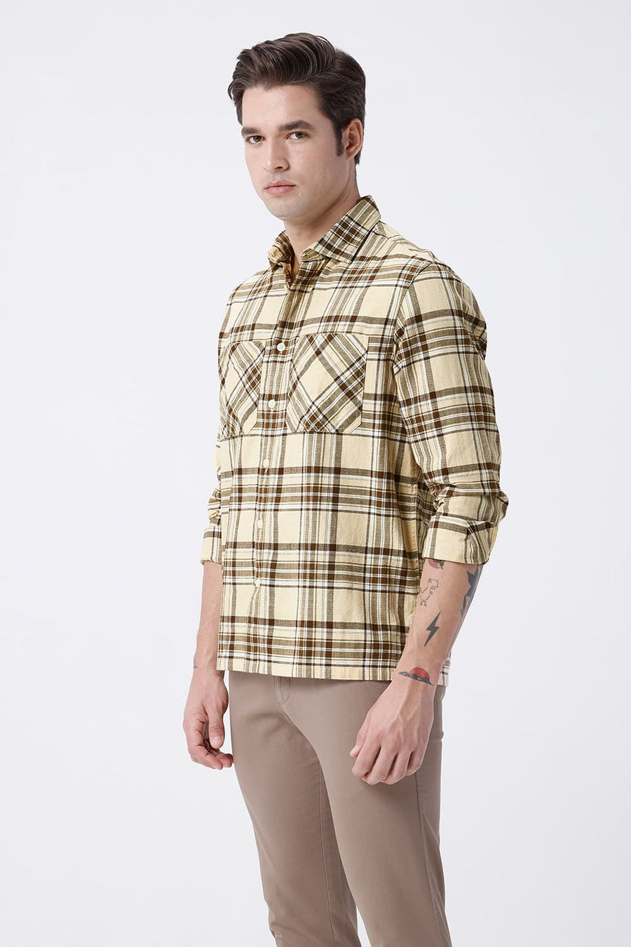 BASICS RELAXED FIT BEIGE COTTON HOPSACK CHECKS OVERSHIRT