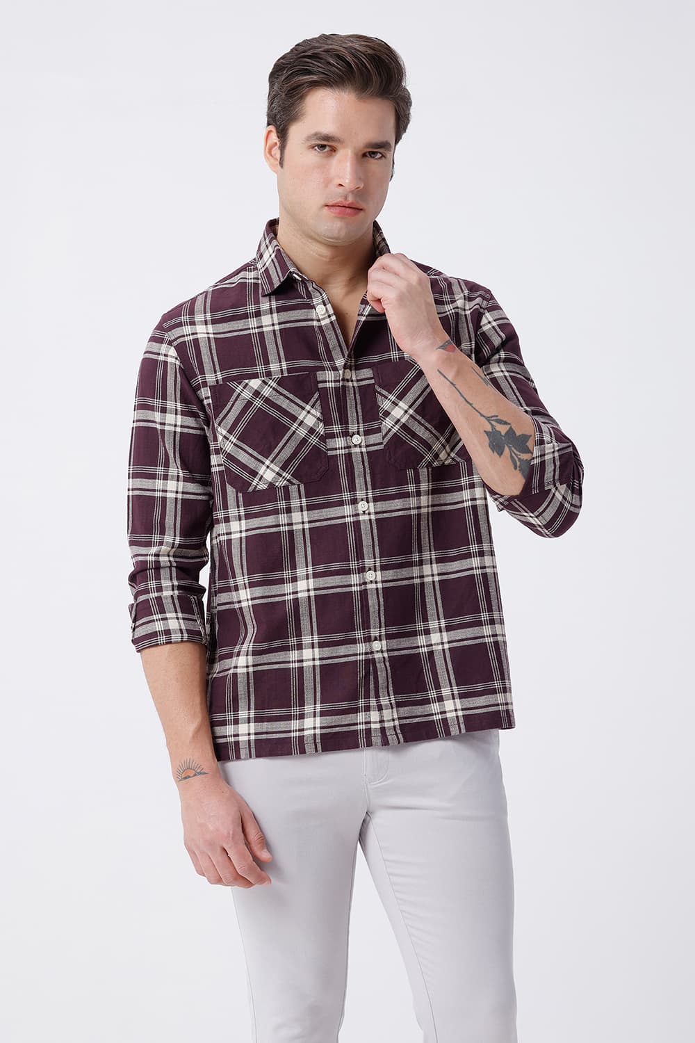 BASICS RELAXED FIT BROWN COTTON HOPSACK CHECKS OVERSHIRT