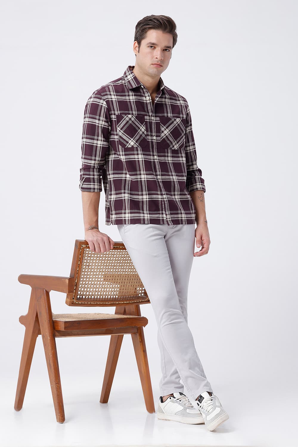 BASICS RELAXED FIT BROWN COTTON HOPSACK CHECKS OVERSHIRT