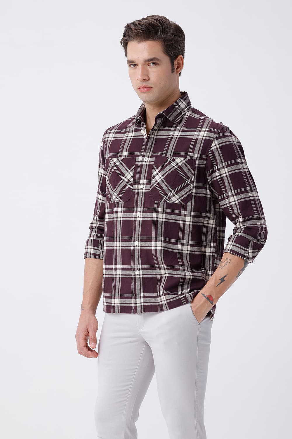 BASICS RELAXED FIT BROWN COTTON HOPSACK CHECKS OVERSHIRT