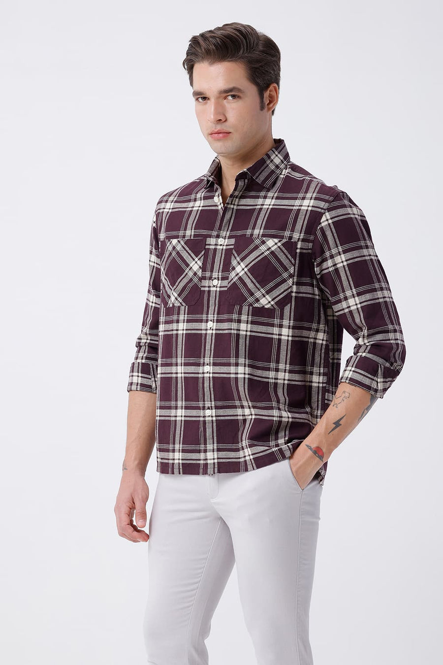BASICS RELAXED FIT BROWN COTTON HOPSACK CHECKS OVERSHIRT