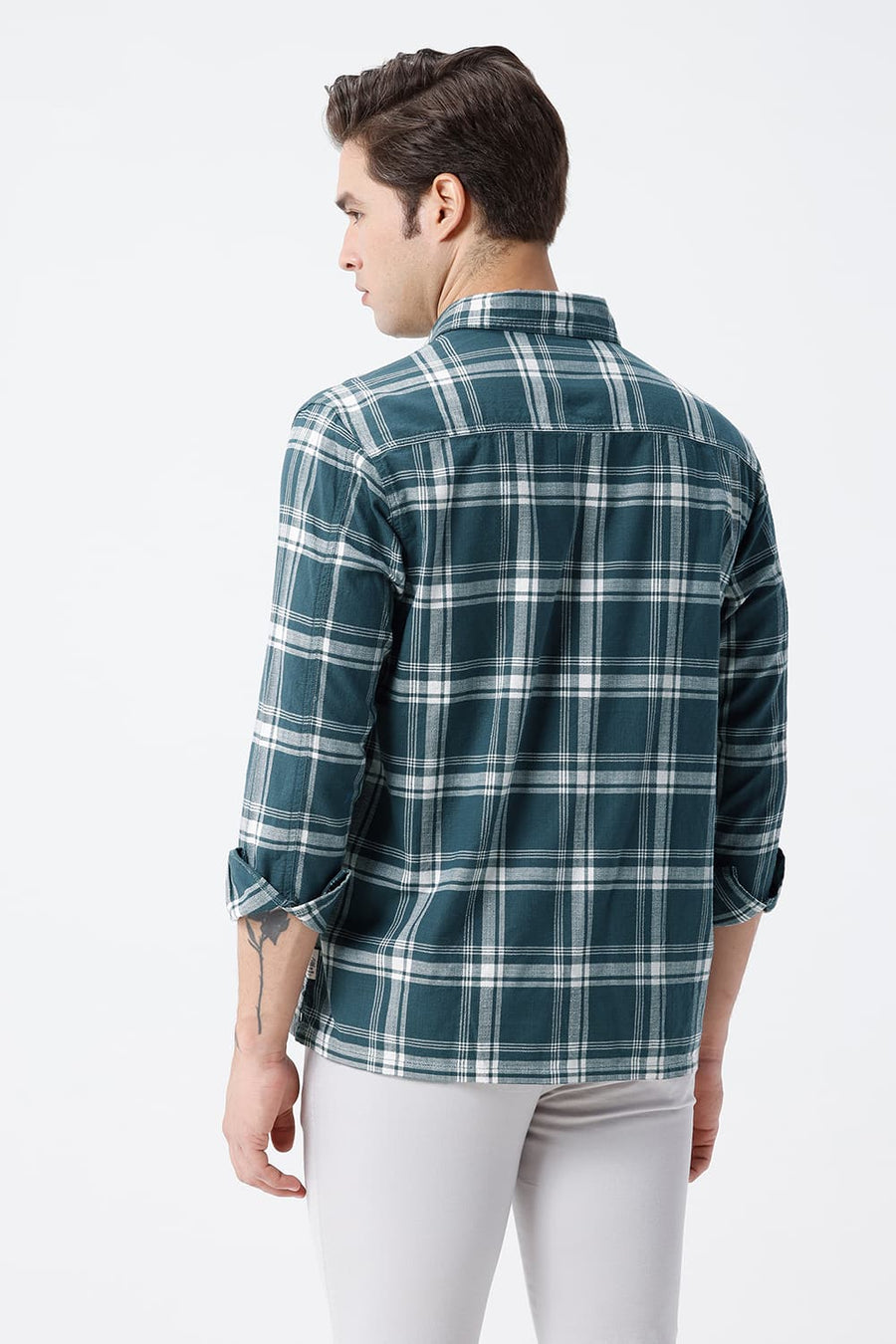 BASICS RELAXED FIT TEAL COTTON HOPSACK CHECKS OVERSHIRT