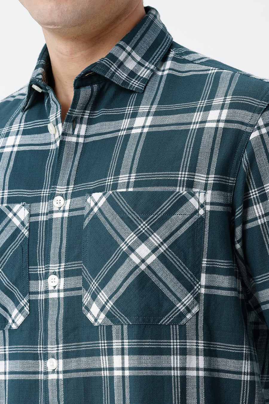 BASICS RELAXED FIT TEAL COTTON HOPSACK CHECKS OVERSHIRT