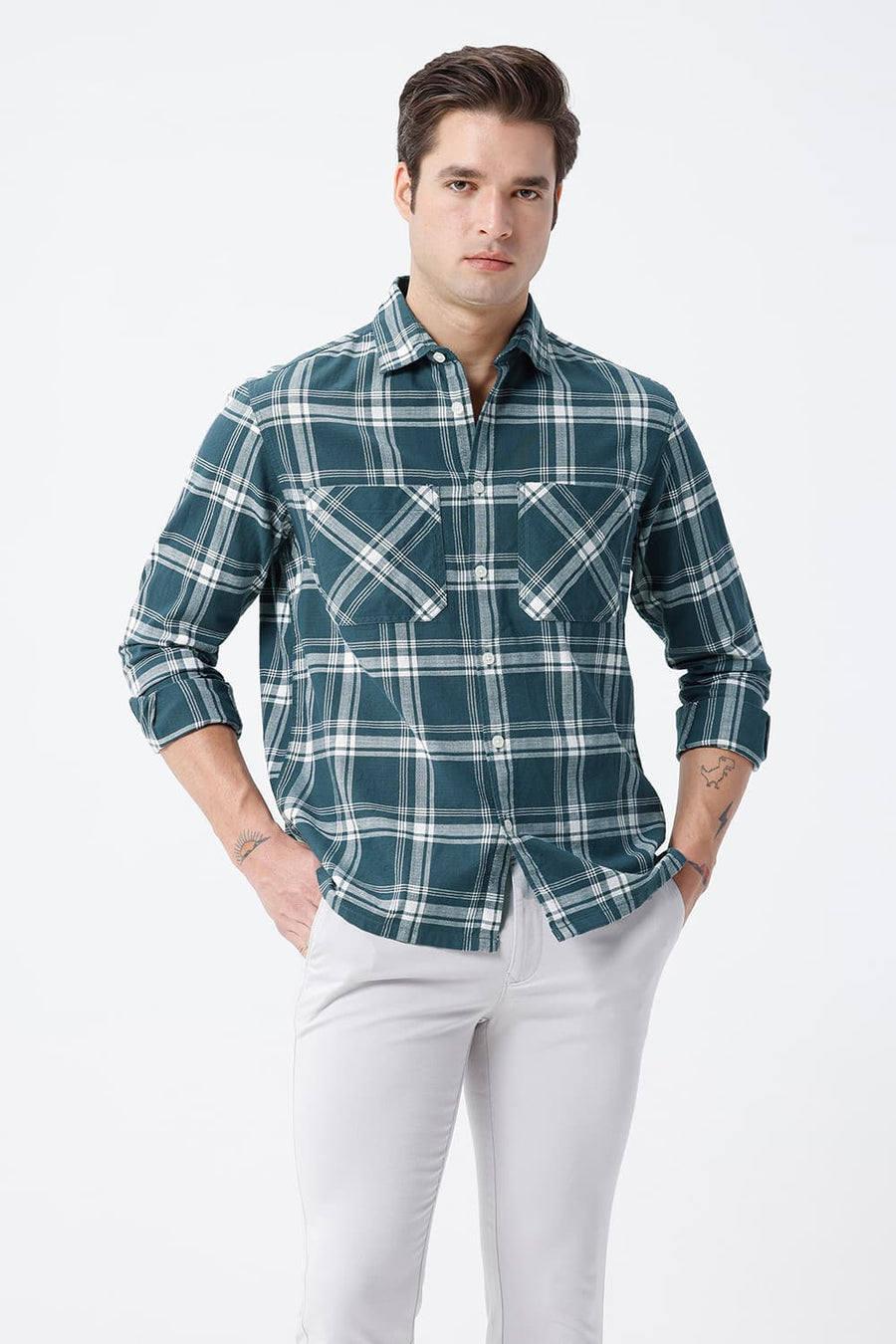 BASICS RELAXED FIT TEAL COTTON HOPSACK CHECKS OVERSHIRT