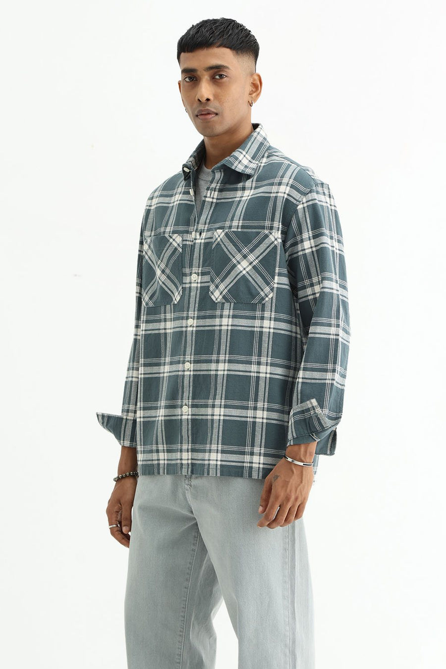 BASICS RELAXED FIT TEAL COTTON HOPSACK CHECKS OVERSHIRT