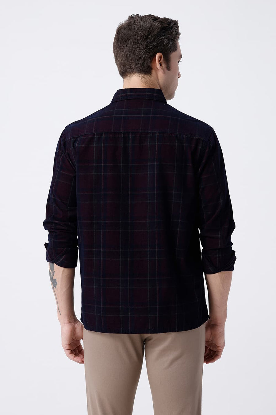 BASICS RELAXED FIT NAVY COTTON CORDUROY CHECKS OVERSHIRT