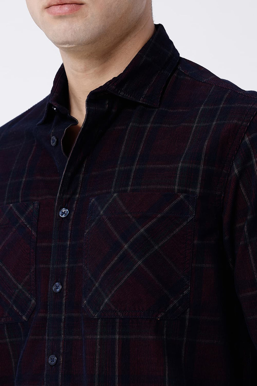 BASICS RELAXED FIT NAVY COTTON CORDUROY CHECKS OVERSHIRT