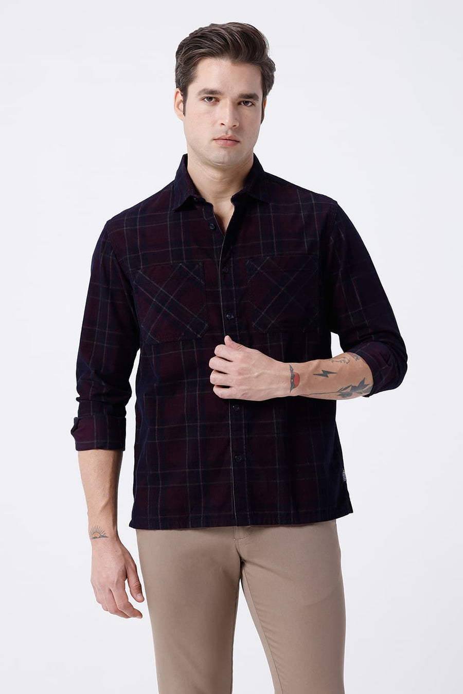 BASICS RELAXED FIT NAVY COTTON CORDUROY CHECKS OVERSHIRT