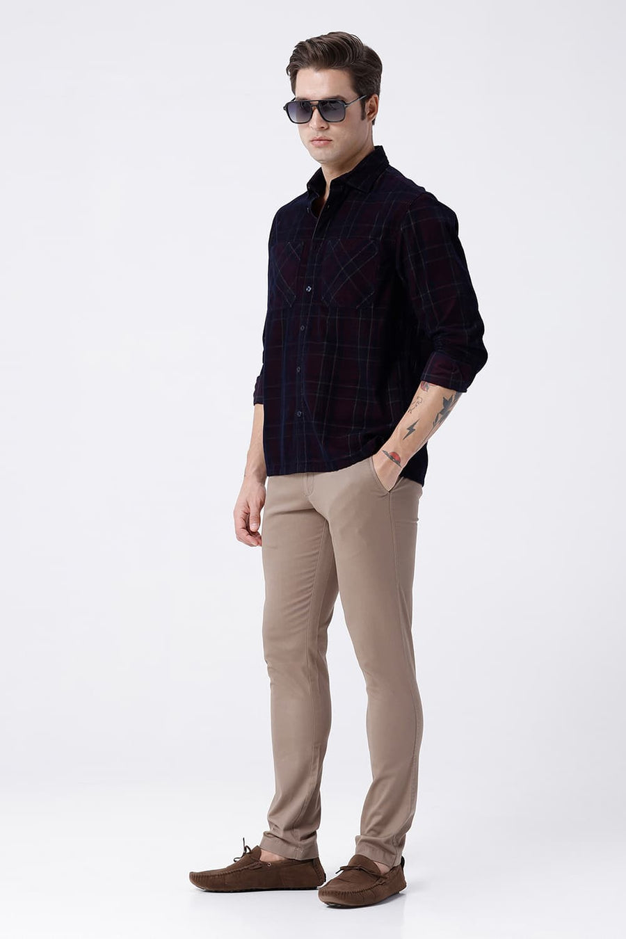 BASICS RELAXED FIT NAVY COTTON CORDUROY CHECKS OVERSHIRT