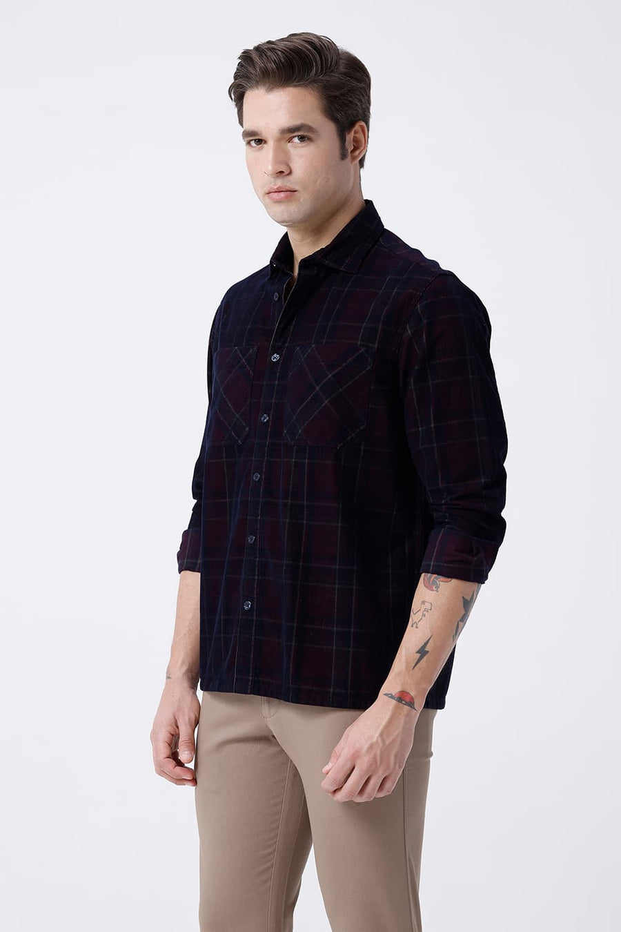 BASICS RELAXED FIT NAVY COTTON CORDUROY CHECKS OVERSHIRT
