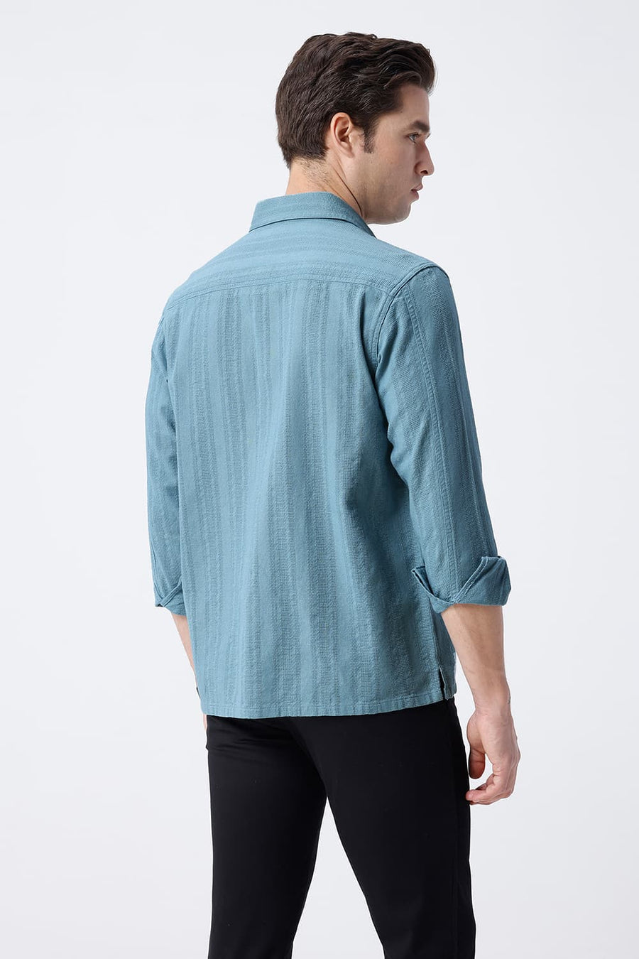 BASICS RELAXED FIT BLUE COTTON LENO DOBBY OVERSHIRT