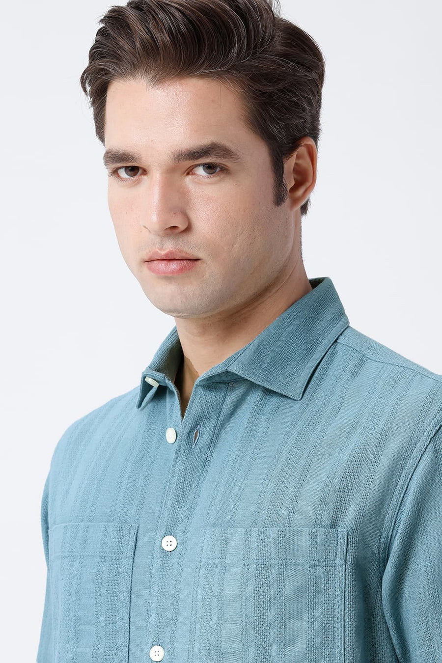 BASICS RELAXED FIT BLUE COTTON LENO DOBBY OVERSHIRT