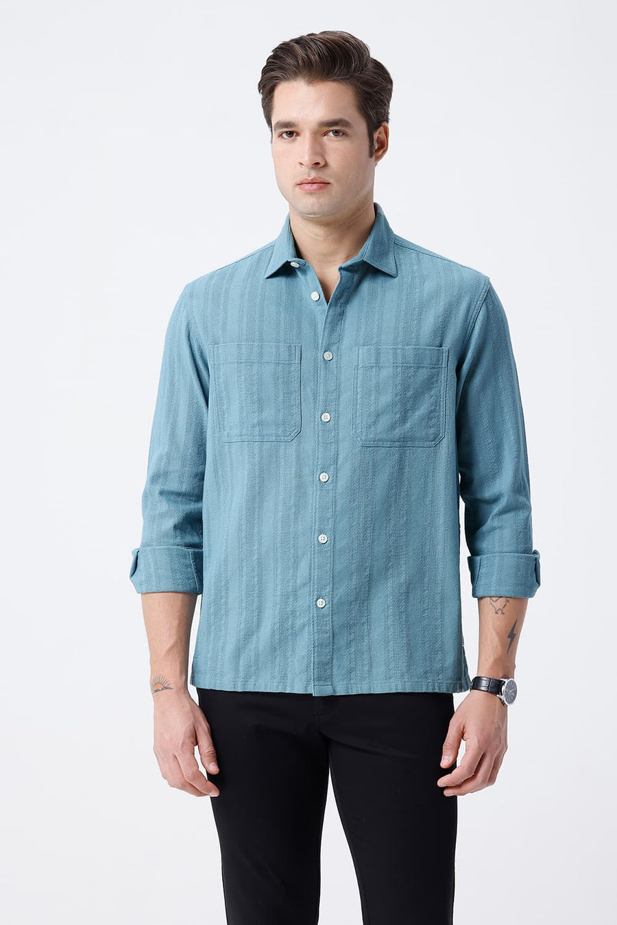 BASICS RELAXED FIT BLUE COTTON LENO DOBBY OVERSHIRT