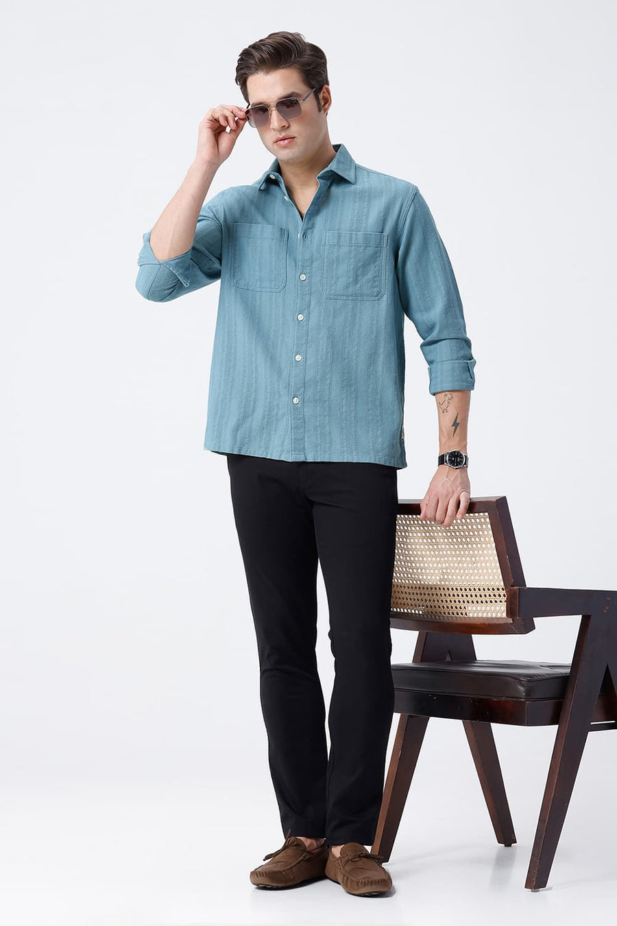BASICS RELAXED FIT BLUE COTTON LENO DOBBY OVERSHIRT