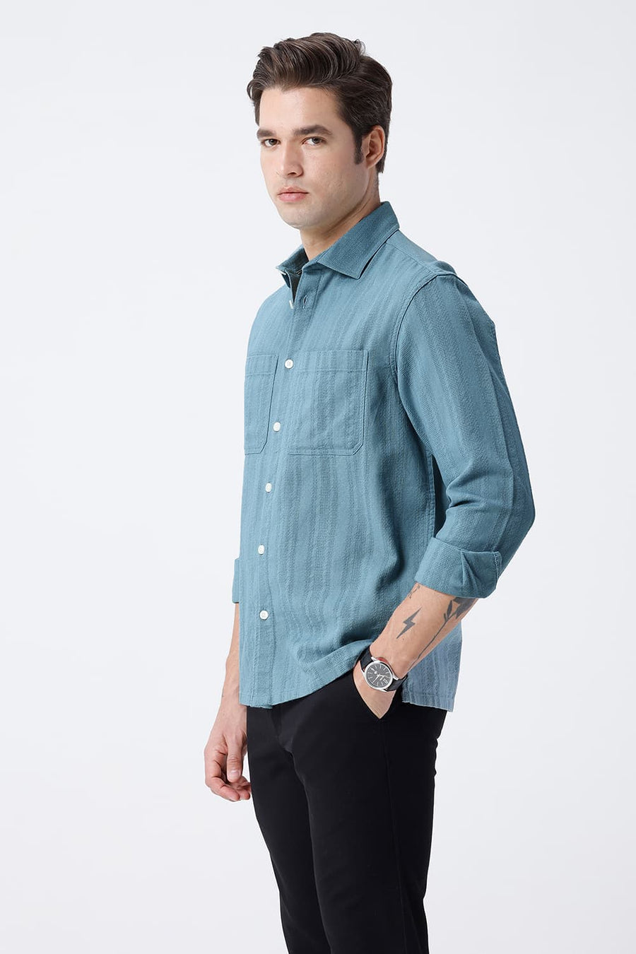 BASICS RELAXED FIT BLUE COTTON LENO DOBBY OVERSHIRT