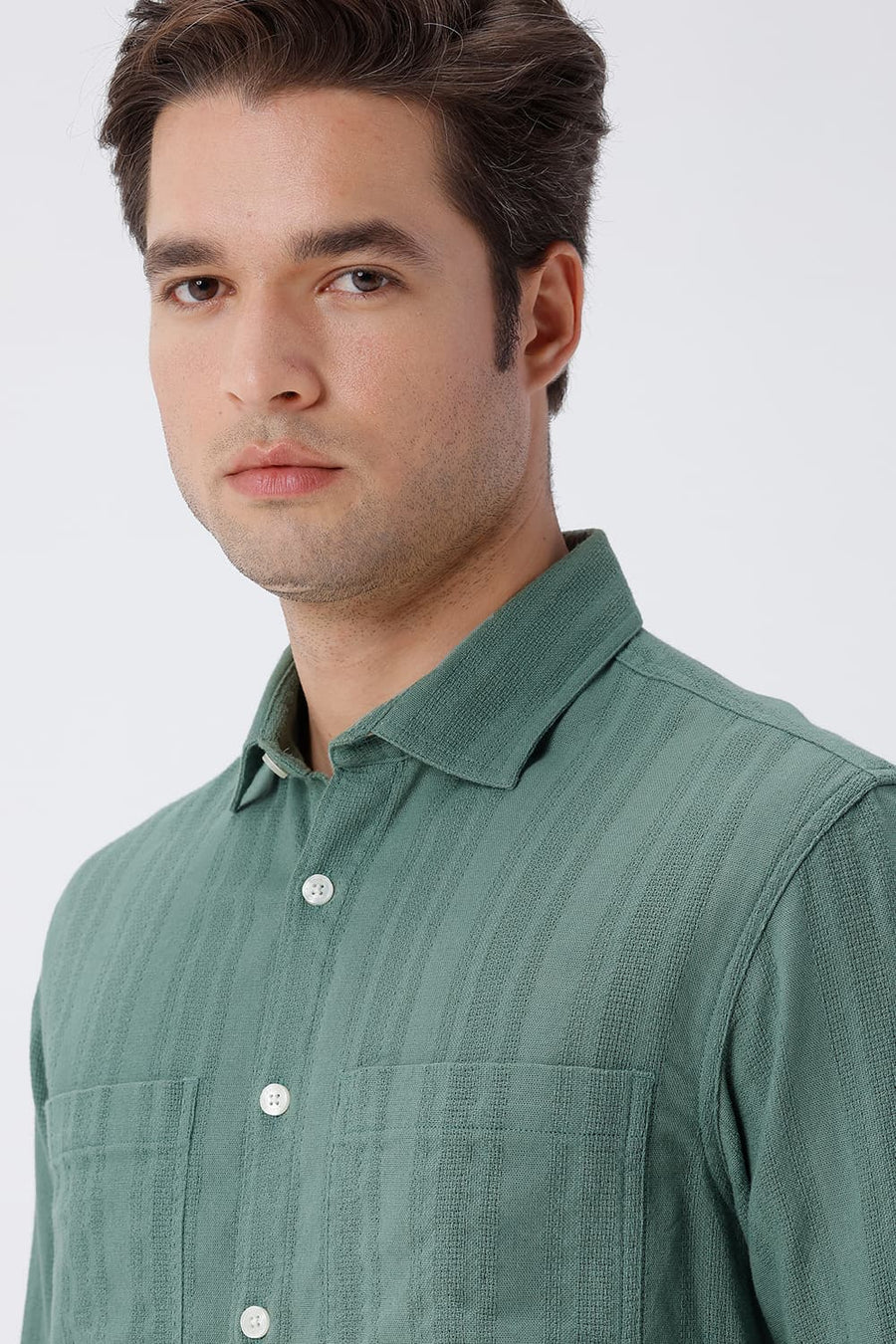 BASICS RELAXED FIT SEA GREEN COTTON LENO DOBBY OVERSHIRT