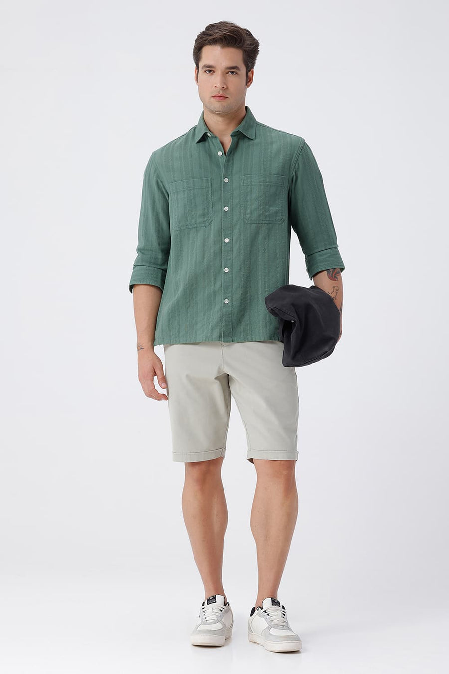 BASICS RELAXED FIT SEA GREEN COTTON LENO DOBBY OVERSHIRT