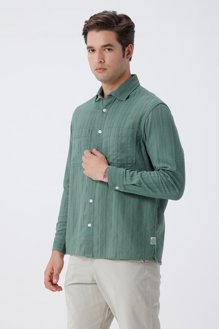 BASICS RELAXED FIT SEA GREEN COTTON LENO DOBBY OVERSHIRT