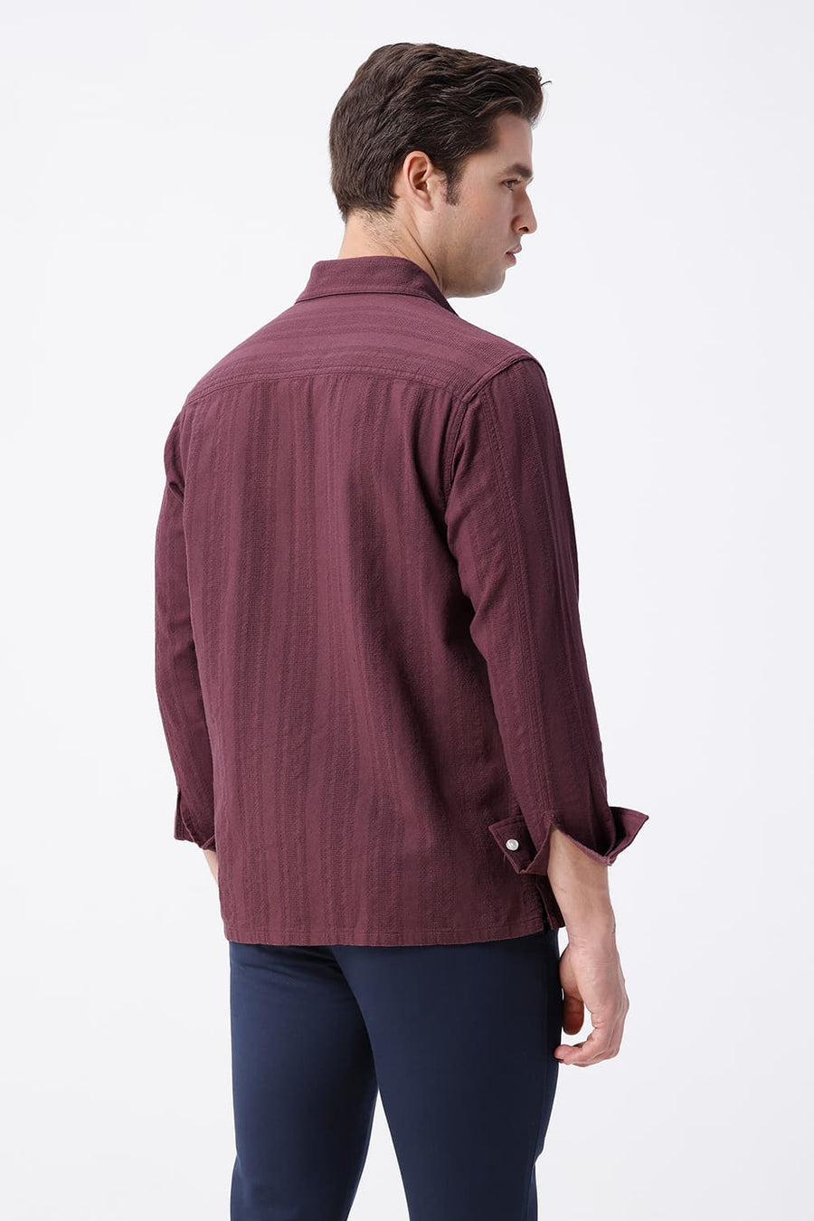 BASICS RELAXED FIT WINE PURPLE COTTON LENO DOBBY OVERSHIRT