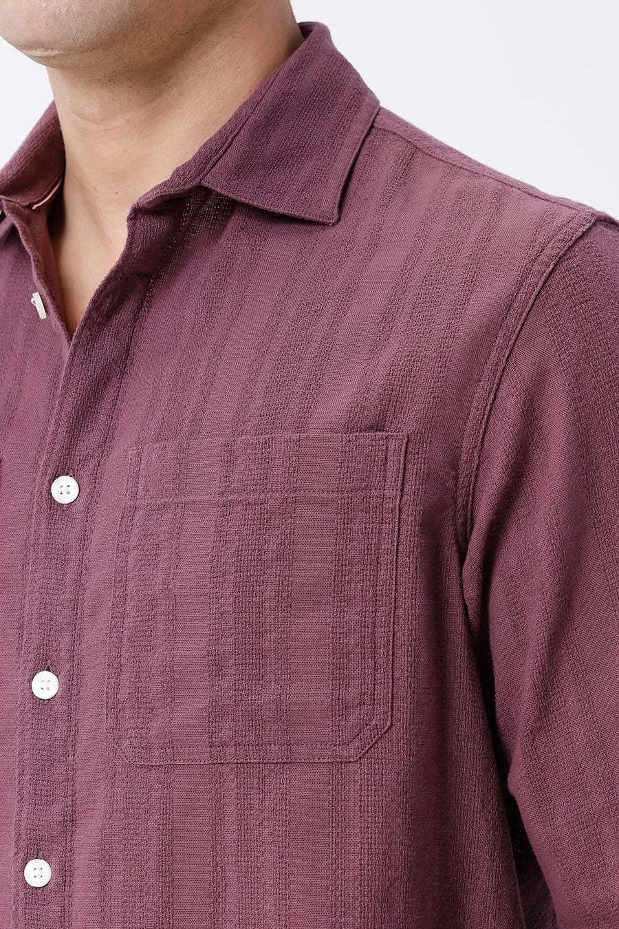 BASICS RELAXED FIT WINE PURPLE COTTON LENO DOBBY OVERSHIRT