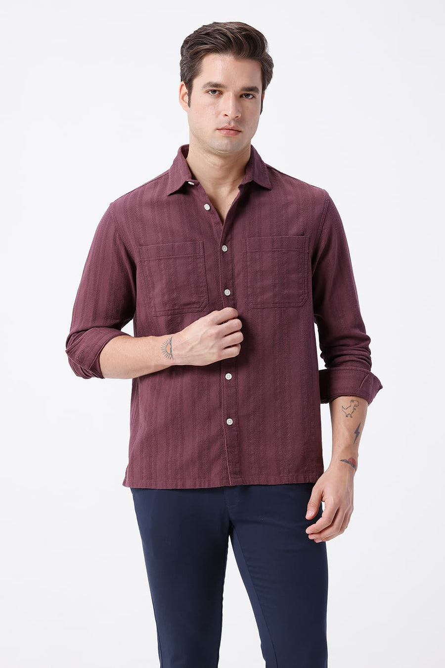 BASICS RELAXED FIT WINE PURPLE COTTON LENO DOBBY OVERSHIRT