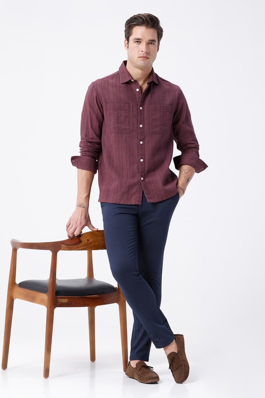 BASICS RELAXED FIT WINE PURPLE COTTON LENO DOBBY OVERSHIRT