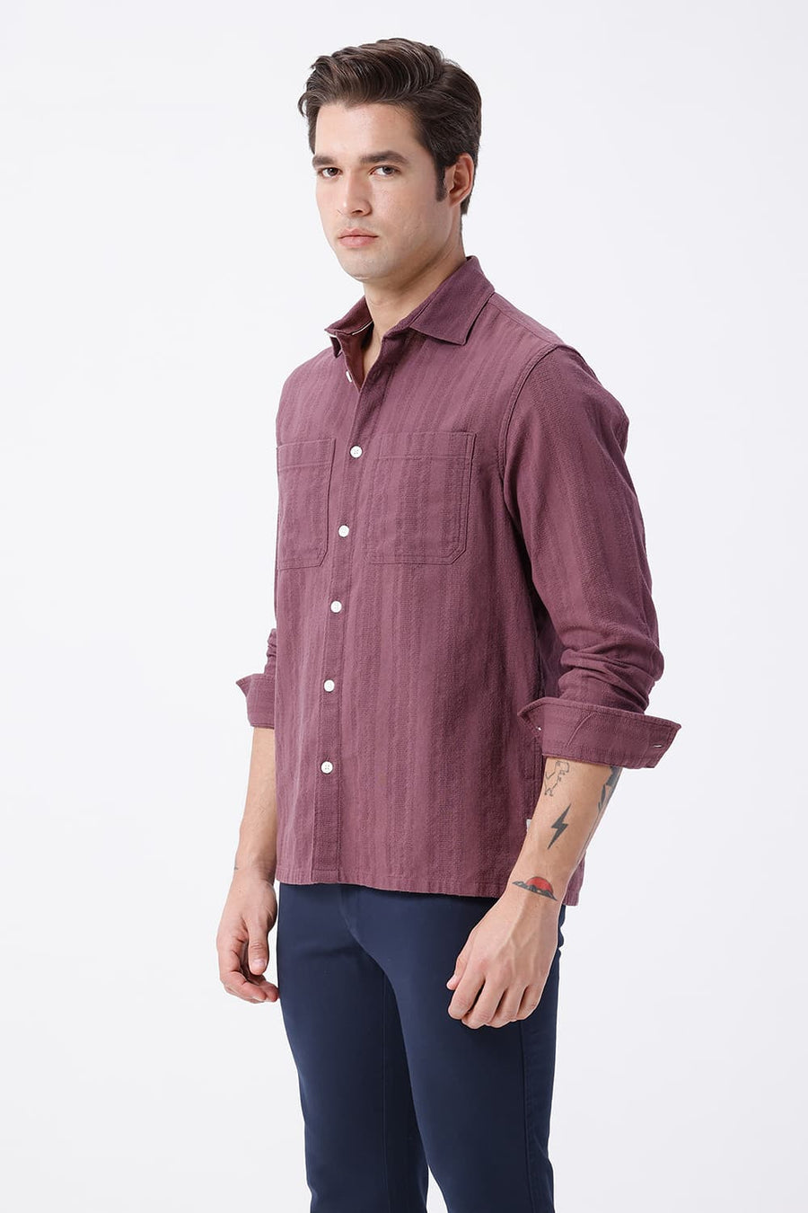 BASICS RELAXED FIT WINE PURPLE COTTON LENO DOBBY OVERSHIRT