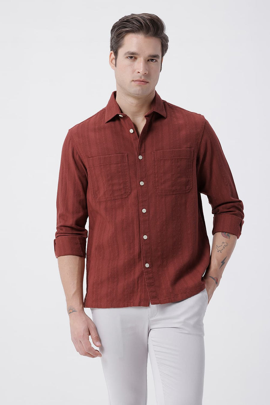 BASICS RELAXED FIT RUSSET BRICK COTTON LENO DOBBY OVERSHIRT
