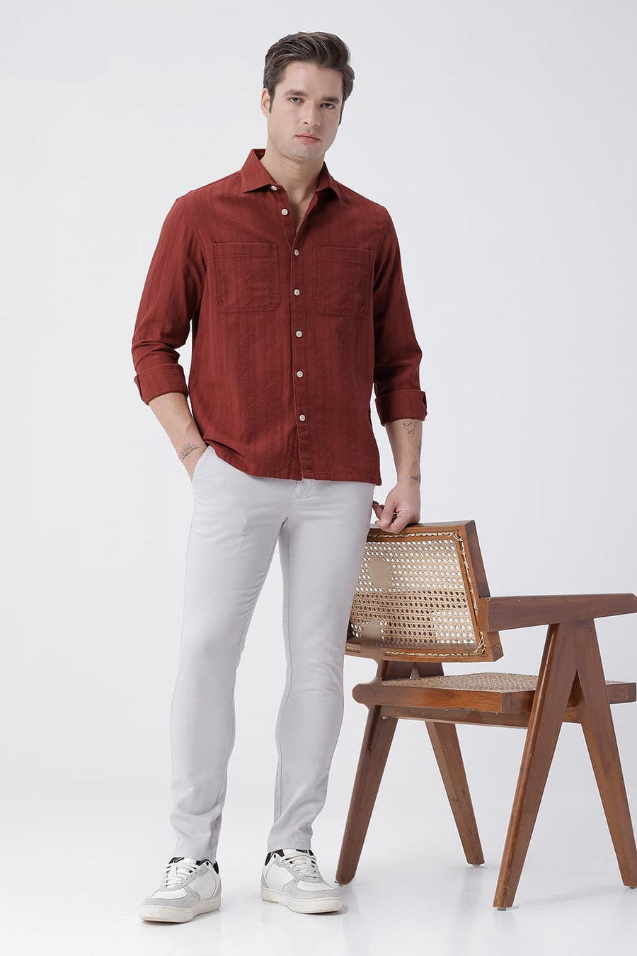 BASICS RELAXED FIT RUSSET BRICK COTTON LENO DOBBY OVERSHIRT
