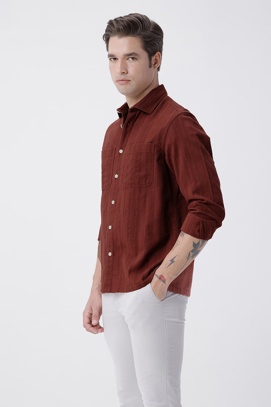 BASICS RELAXED FIT RUSSET BRICK COTTON LENO DOBBY OVERSHIRT
