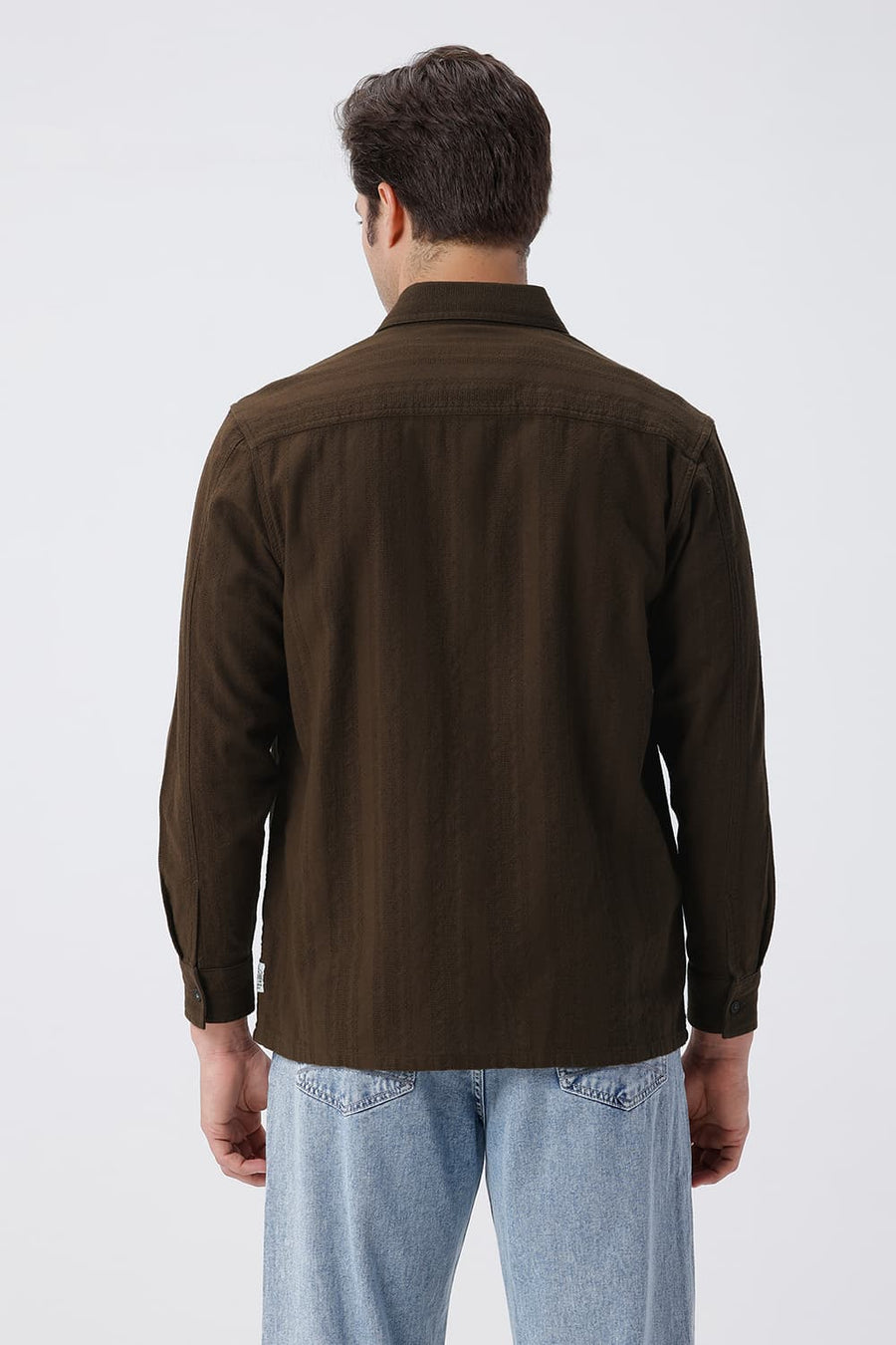 BASICS RELAXED FIT CARAGE BROWN COTTON LENO DOBBY OVERSHIRT