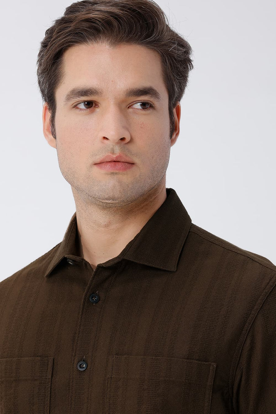 BASICS RELAXED FIT CARAGE BROWN COTTON LENO DOBBY OVERSHIRT