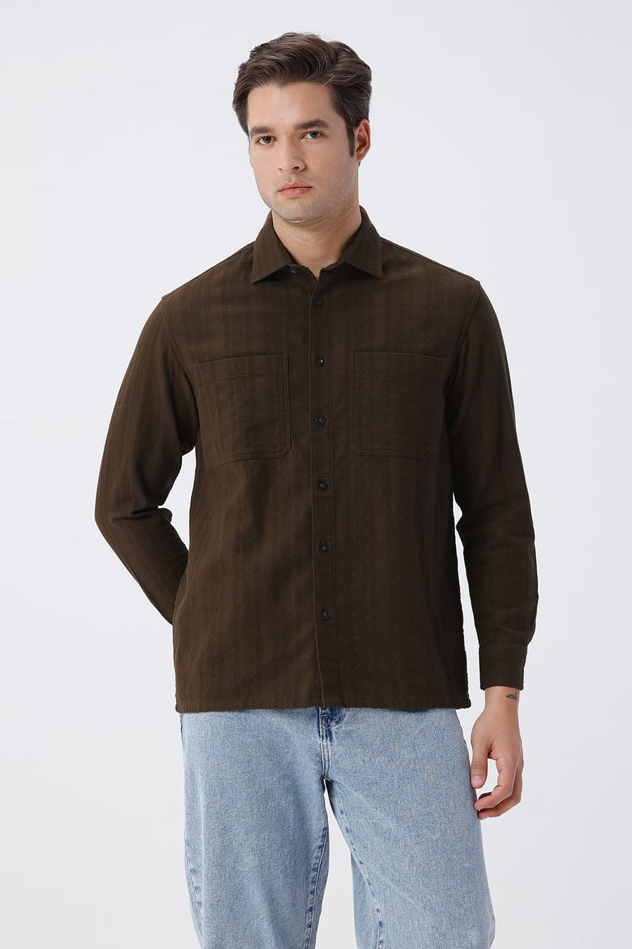 BASICS RELAXED FIT CARAGE BROWN COTTON LENO DOBBY OVERSHIRT